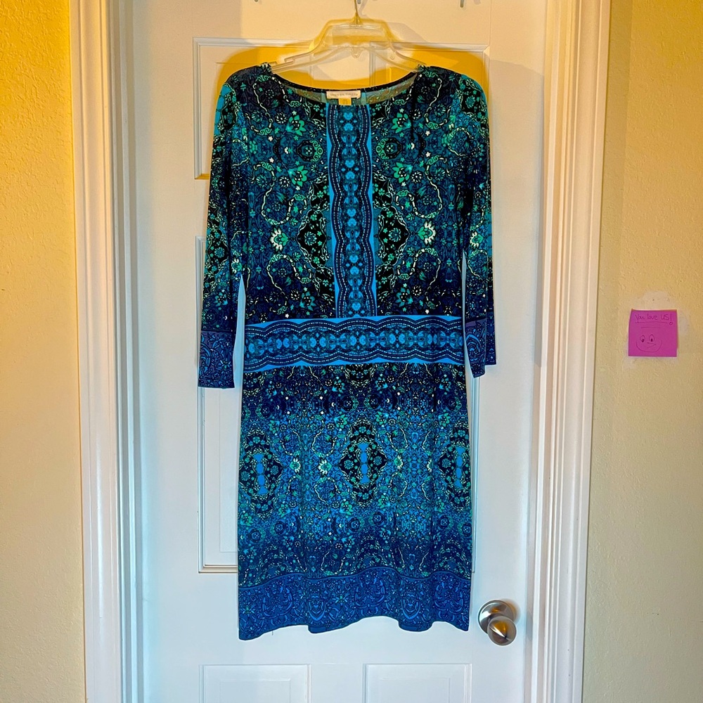 Green and blue intricate design midi dress.